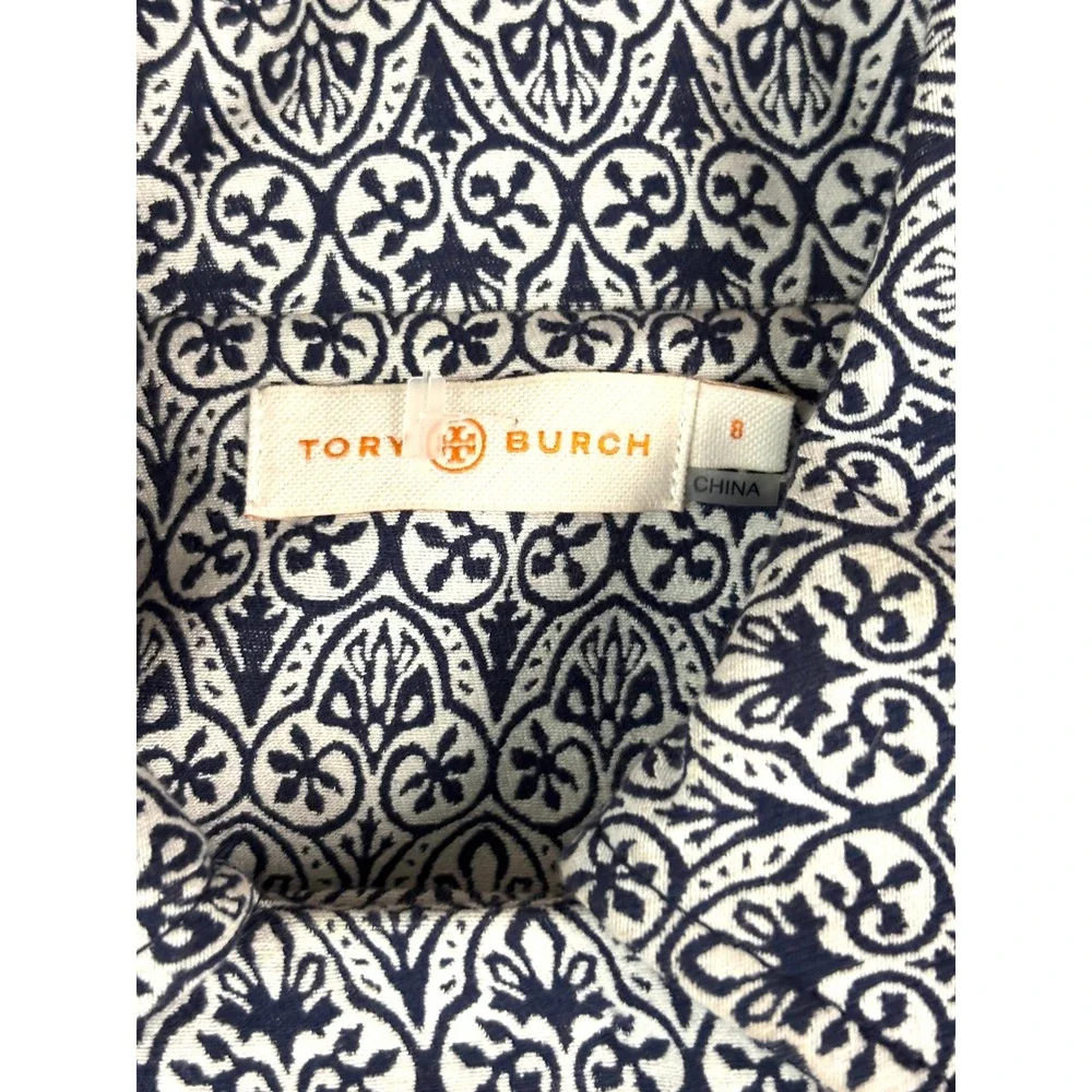 Tory Burch Heidi‎ Jacquard Blazer Jacket Blue Beige Printed Cotton Blend Size 8
